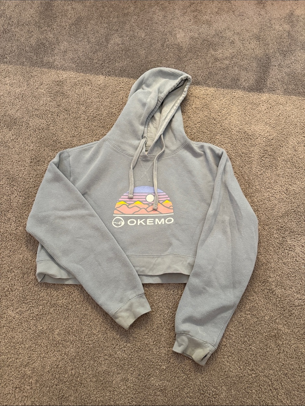 Okemo Youth Cropped Hoodie in Light Blue with Sunset Graphic